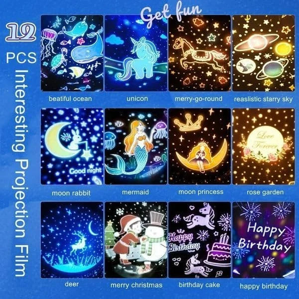 Night Light Rabbit Sky Projector for Kids – 360° Rotating Lamp with 6 Films, 5 Colours and 1200mAh Rechargeable Battery